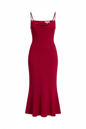 Red Fitted Midi Dress with Cowl Neck and Flared Hem