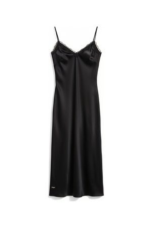 Sleek Black Midi Slip Dress with Scalloped Neckline