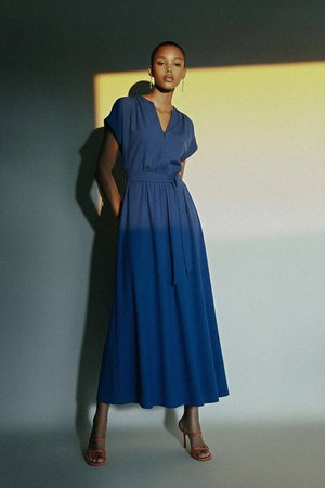 Elegant Blue Maxi Dress with Tie Waist