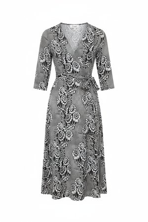 Black & White Floral Print Midi Wrap Dress