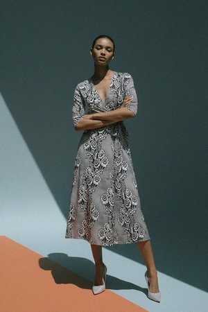 Black & White Floral Print Midi Wrap Dress