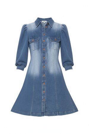Denim Mini Dress with Puffed Sleeves & Button Front