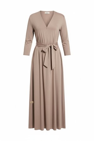 Beige V-Neck Tie-Waist Maxi Dress with 3/4 Sleeves