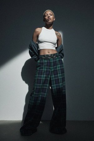 Green & Blue Plaid Wide-Leg Pants