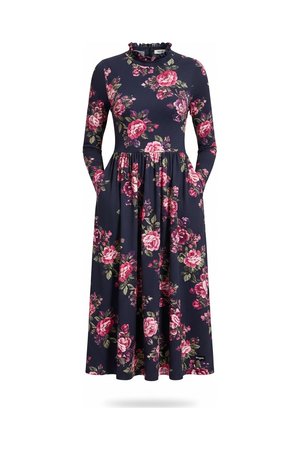 Floral Print Long Sleeve Midi Dress with Ruffle Neck