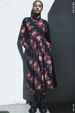 Floral Print Long Sleeve Midi Dress with Ruffle Neck