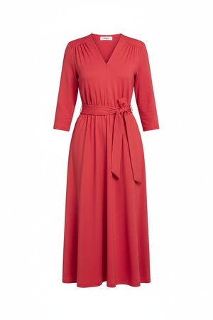 Elegant Red Midi Dress with V-Neck and Tie Waist