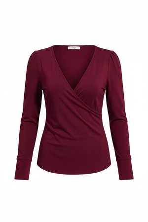 Burgundy Wrap V-Neck Long Sleeve Top