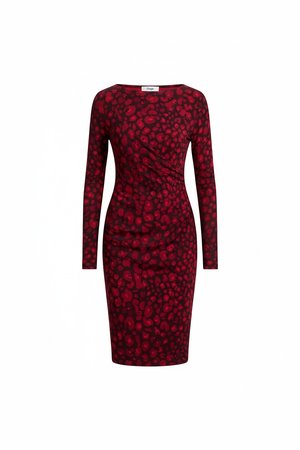 Chic Red Leopard Print Long Sleeve Midi Dress