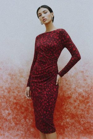 Chic Red Leopard Print Long Sleeve Midi Dress