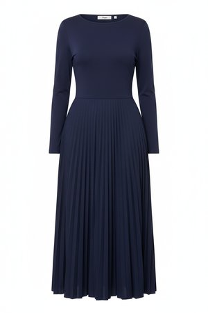 Classic Navy Blue Long Sleeve Midi Dress