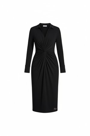 Black Long Sleeve Midi Dress with Twist Front Detail