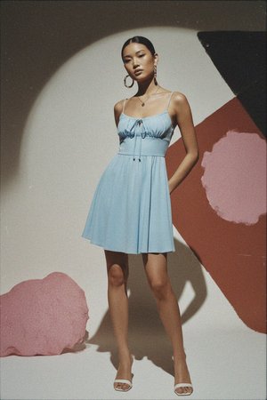 Chic Blue Mini Dress with Tie Front & Flowy Skirt