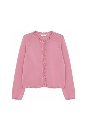 Soft Pink Knit Cardigan with Decorative Trim