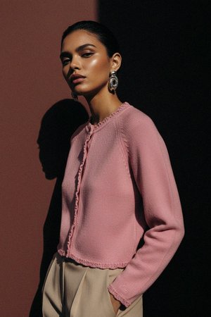 Soft Pink Knit Cardigan with Decorative Trim