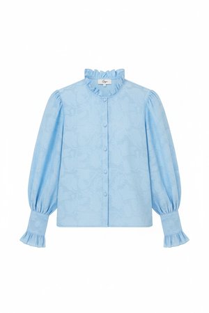 Textured Blue Blouse with Ruffle Collar and Puffy Sleeves