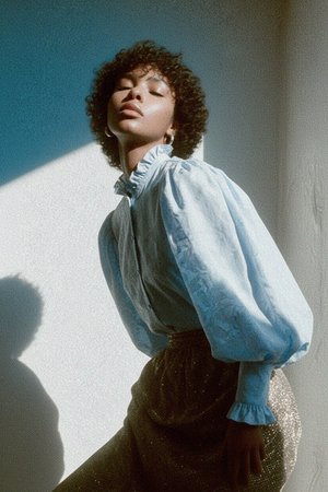 Textured Blue Blouse with Ruffle Collar and Puffy Sleeves