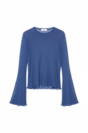 Blue Knit Top with Ruffled Hem and Cuffs