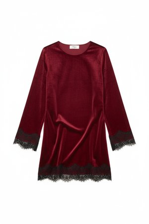 Red Velvet Mini Dress with Black Lace Trim