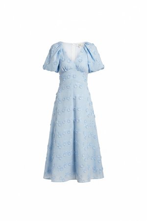 Elegant Blue Floral Midi Dress with Puff Sleeves