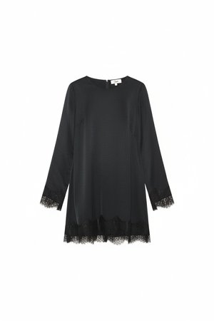 Elegant Black Mini Dress with Lace Trim & Long Sleeves