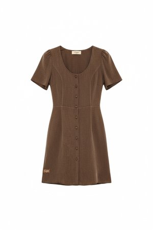 Brown Button-Front Short Sleeve Mini Dress