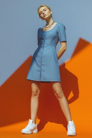 Chic Blue Button-Front Short Sleeve Mini Dress