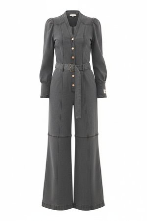Washed Grey Denim Jumpsuit with Belt & Wide Leg