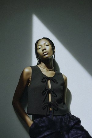 Black Textured Tie-Front Sleeveless Top