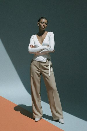 White Ribbed Knit Long Sleeve Wrap Top