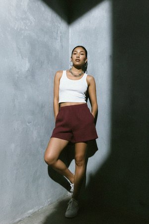 Burgundy Crinkle Fabric Relaxed Shorts