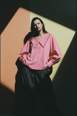 Pink Oversize Blouse with Ruffled Collar
