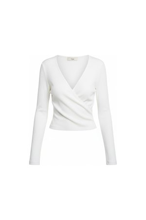 White Ribbed Knit Long Sleeve Wrap Top