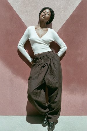 White Ribbed Knit Long Sleeve Wrap Top