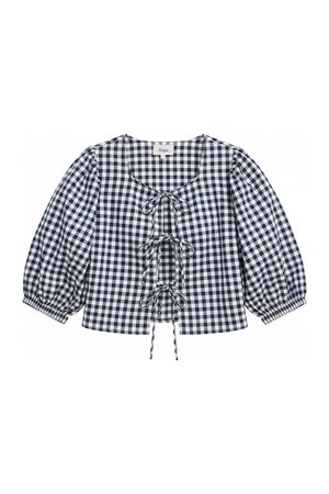 Gingham Puffed Sleeve Tie-Front Cropped Blouse