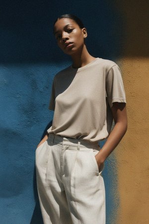 Relaxed Fit Beige Heathered Crew Neck T-Shirt