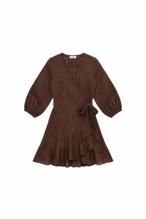 Brown Eyelet Embroidered Wrap Mini Dress