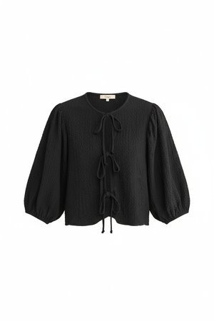 Black Textured Tie-Front Blouse with Voluminous Sleeves