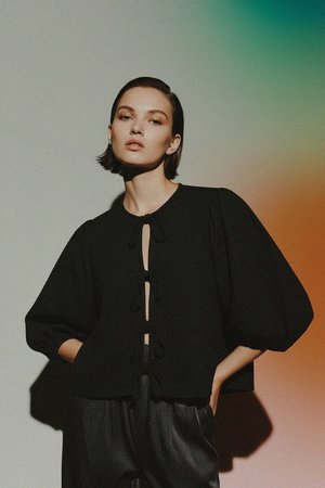 Black Textured Tie-Front Blouse with Voluminous Sleeves