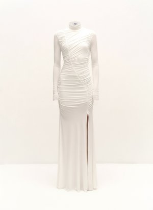 Elegant White Ruched Long Sleeve Maxi Dress