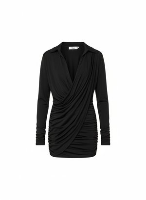 Black Draped Ruched Long Sleeve Mini Dress