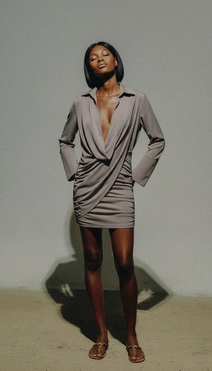 Draped Long Sleeve Ruched Mini Dress