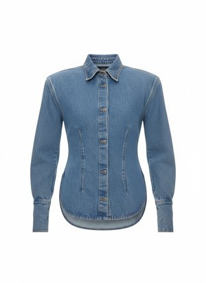 Structured Denim Shirt with Fitted Waist & Curved Hem