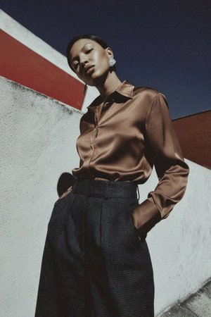 Elegant Brown Satin-Finish Collared Shirt