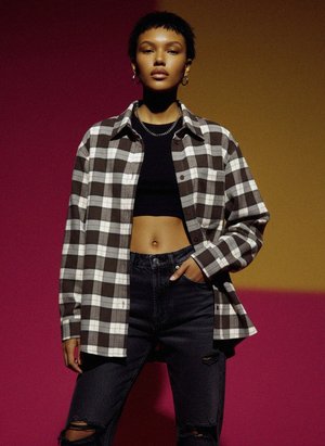 Oversized Brown & White Plaid Button-Up Shirt