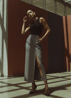 Grey Maxi Skirt with Waist Cutout and High Slit