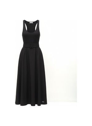 Chic Black Sleeveless Midi Dress with Belt Detail
