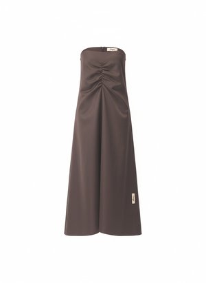 Brown Strapless Ruched Midi Dress