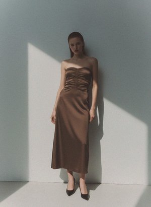 Brown Strapless Ruched Midi Dress