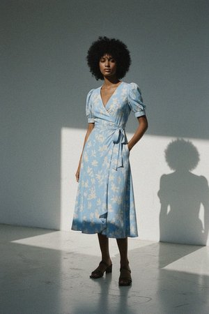 Blue Floral Wrap Midi Dress with Puff Sleeves
